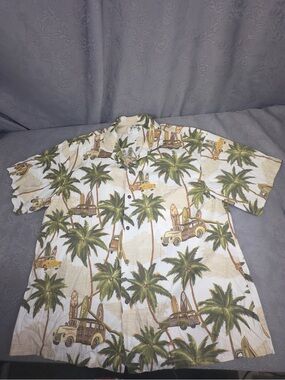 KY'S 2XL Surf Woody Cars Palm Trees Made Hawaii Button Up Vintage 56” Chest